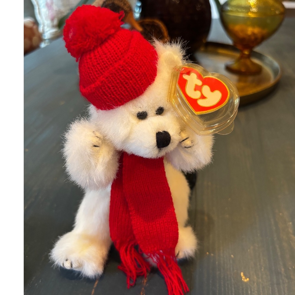 Ty Attic Treasures Snowflake the Bear White Plush Red Hat Scarf Jointed 7 inch